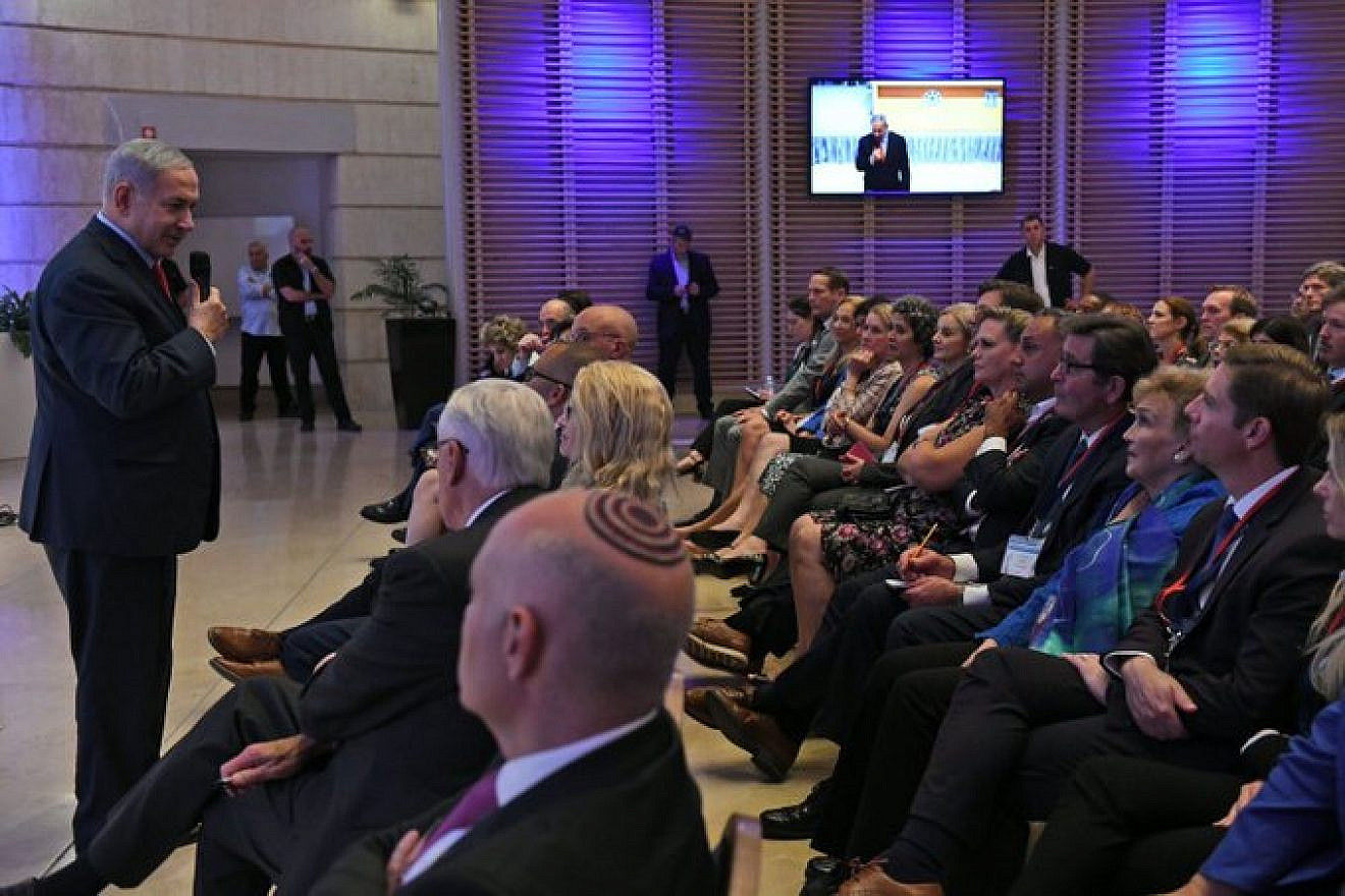 Israeli Prime Minister Benjamin Netanyahu addresses a delegation of 41 Democratic members of Congress in Jerusalem. Credit: AIPAC via Twitter.
