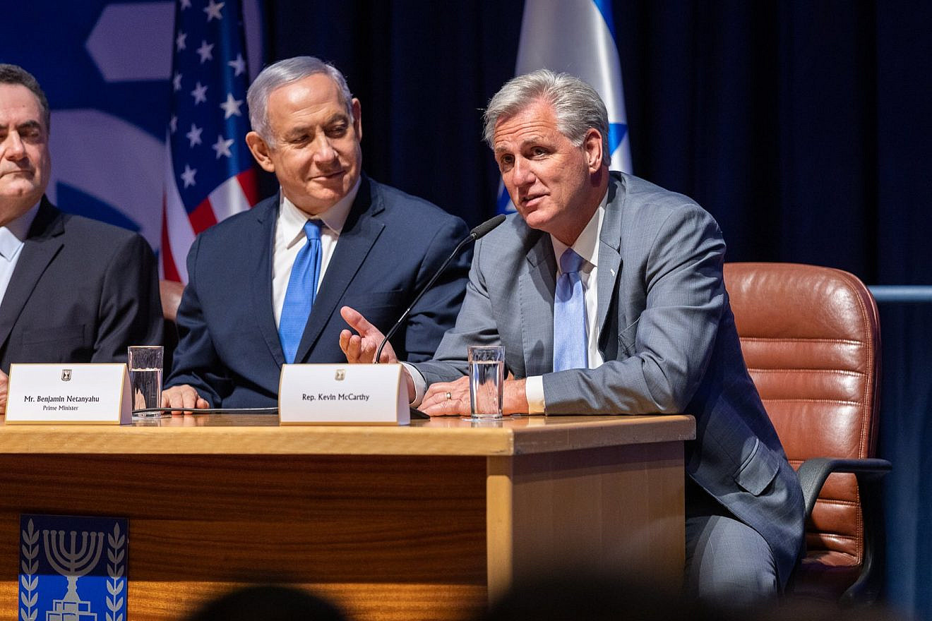 Then-U.S. House of Representatives Minority Leader Kevin McCarthy (R-Calif.) sits alongside Prime Minister Benjamin Netanyahu during a visit to Israel, August 2019. Credit: Kevin McCarthy via Twitter.