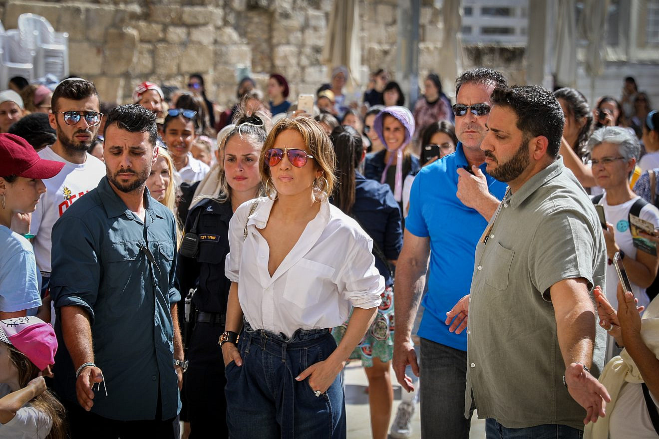 American actress, singer and performer Jennifer Lopez visits at the Western Wall in the Old City of Jerusalem on Aug. 2, 2019. Photo by Noam Revkin Fenton/Flash90.