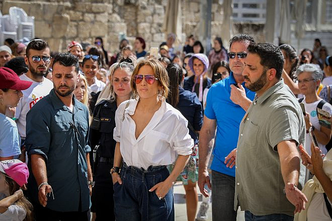 American actress, singer and performer Jennifer Lopez visits at the Western Wall in the Old City of Jerusalem on Aug. 2, 2019. Photo by Noam Revkin Fenton/Flash90.