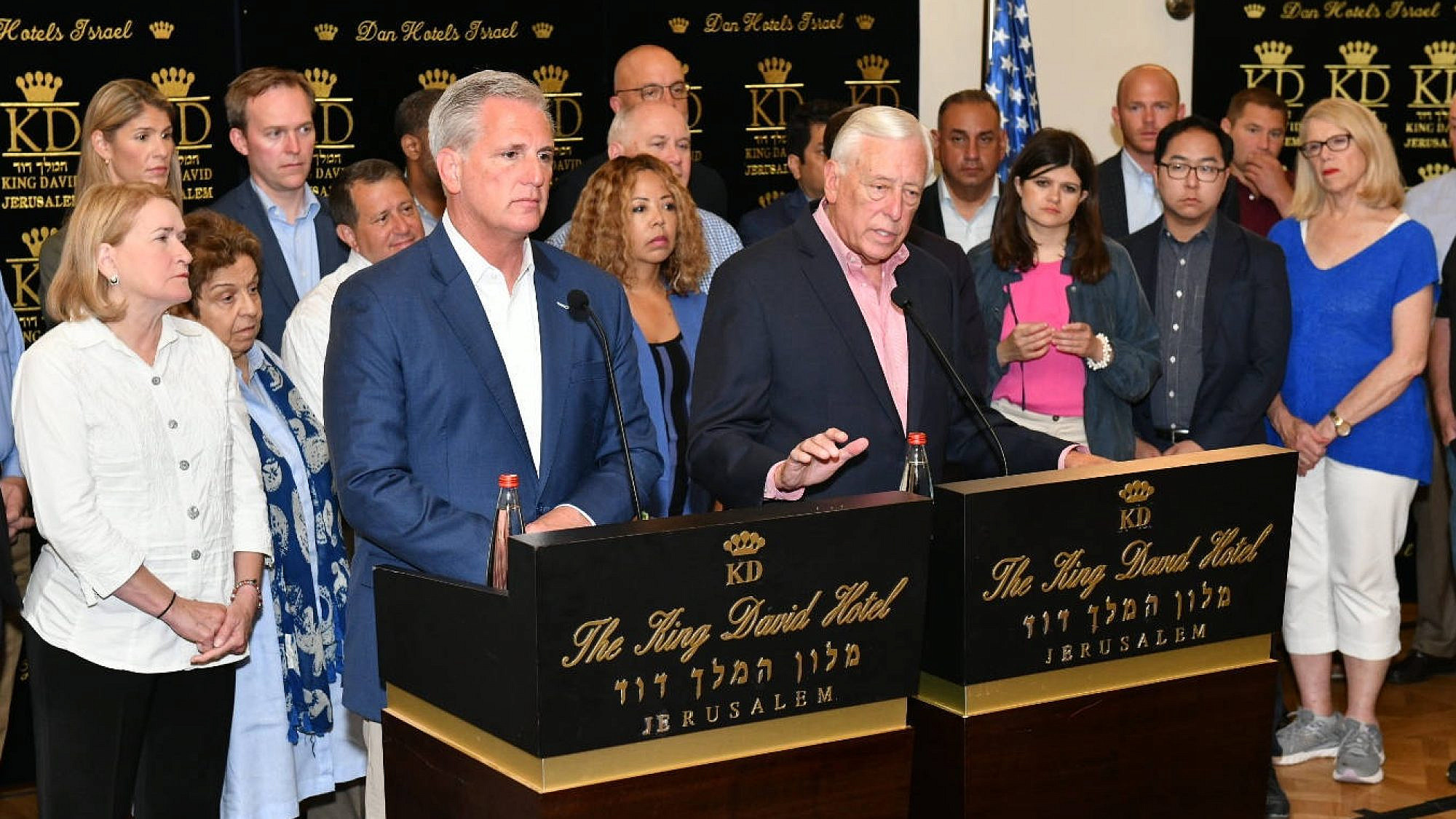 U.S. House Majority Leader Steny Hoyer and  Republican Leader Kevin McCarthy with a delegation of members of the U.S. House of Representatives at the King David Hotel in Jerusalem on Aug. 11, 2019. Photo by Israel Hadari/Courtesy of AIEF.