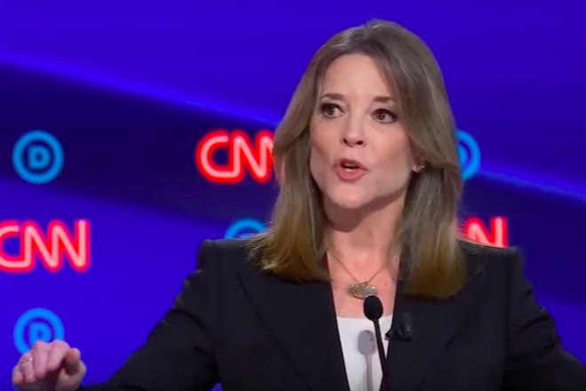 2020 Democratic presidential candidate Marianne Williamson at the second round of  Democratic presidential debates, this time in Detroit, on July 30, 2019. Credit: Screenshot.