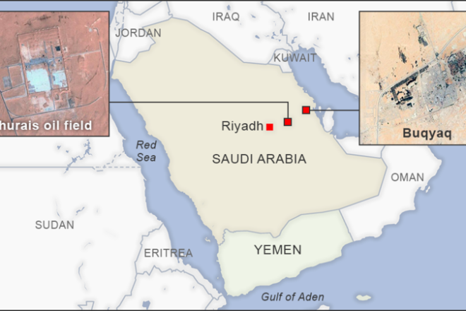 A map and satellite imagery of the Khurais and Abqaiq oil facilities in Saudi Arabia, Sept. 14, 2019. Credit: VOA via Wikipedia.