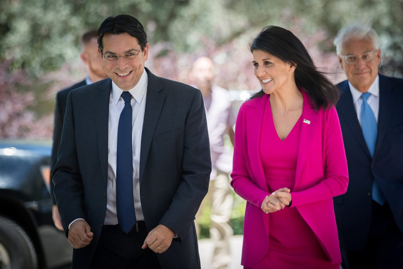 Then-Israeli Ambassador to the U.N. Danny Danon walks with then-U.S. envoy Nikki Haley as she arrives at the President’s Residence in Jerusalem, June 7, 2017. Photo Yonatan Sindel/Flash90.