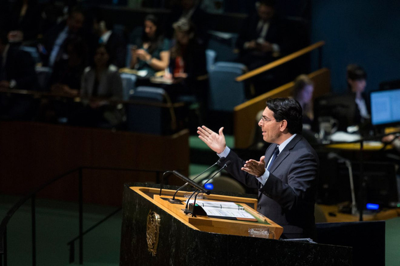 Ambassador to the U.N. Danny Danon speaks at an emergency General Assembly meeting in New York, Dec. 21, 2017. Photo by Amir Levy/Flash90.