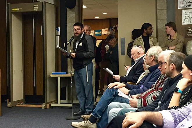 Residents of Highland Park, N.J., line up to share their views at a council meeting on local anti-Semitism and the BDS movement on Oct. 29, 2019. Photo courtesy of Andrew Getraer.