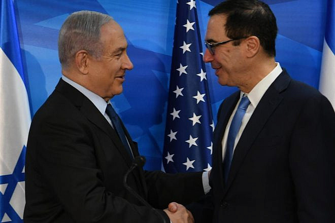 Israeli Prime Minister Benjamin Netanyahu with U.S. Treasury Secretary Steven Mnuchin in Jerusalem on Oct. 28, 2019. Credit: Amos Ben-Gershom/GPO.