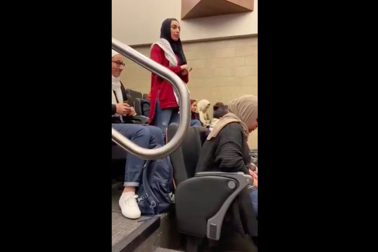 Palestinian student Ayah Ali at Benedictine University in Lisle, Ill. Source: Screenshot/Benedictine SJP via Twitter.