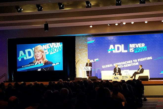 Former British Parliament member Joan Ryan addresses the Anti-Defamation League’s “Never Is Now” summit. Source: Joan Ryan via Twitter.