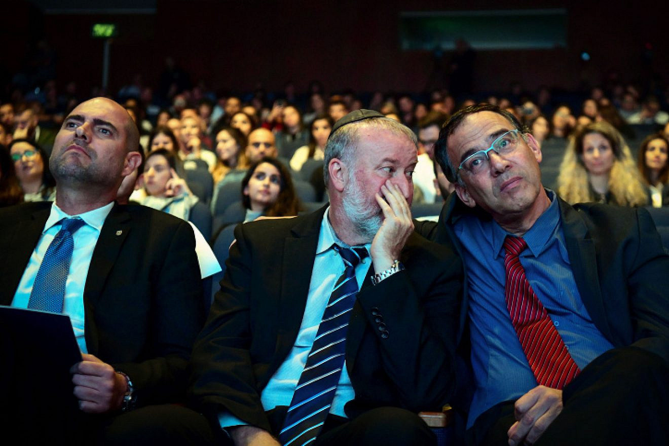 Israeli Attorney General Avichai Mandelblit (center), Justice Minister Amir Ochana (left) and State Prosecutor Shai Nitzan attend a conference in Tel Aviv on Nov. 4, 2019. Photo by Flash90.
