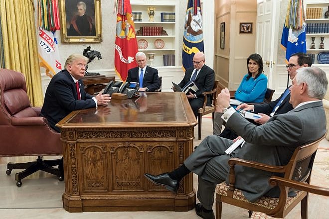 U.S. President Donald Trump, joined by Vice President Mike Pence, meets with U.S. Ambassador to the United Nation Nikki Haley, Secretary of State Rex Tillerson and Secretary of the Treasury Steve Mnuchin in the Oval Office at the White House on Jan. 10, 2018. Credit: Official White House photo by D. Myles Cullen.