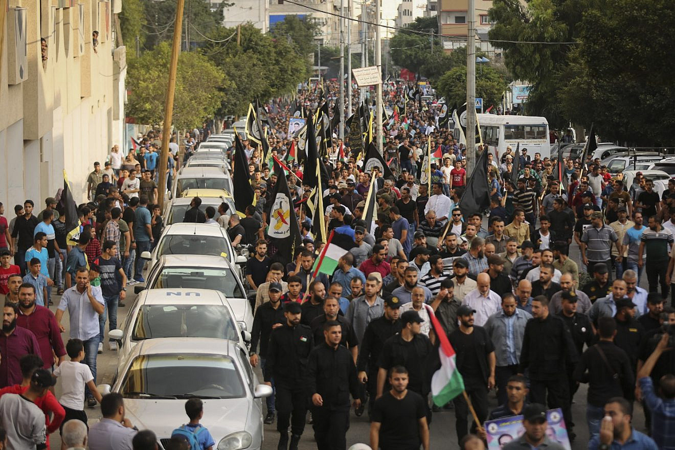 Palestinian Islamic Jihad activists participate in a march to mark the anniversary of the 32nd founding of the Jihad Organization in Gaza City, on Oct. 5, 2019. Photo by Hassan Jedi/Flash90.