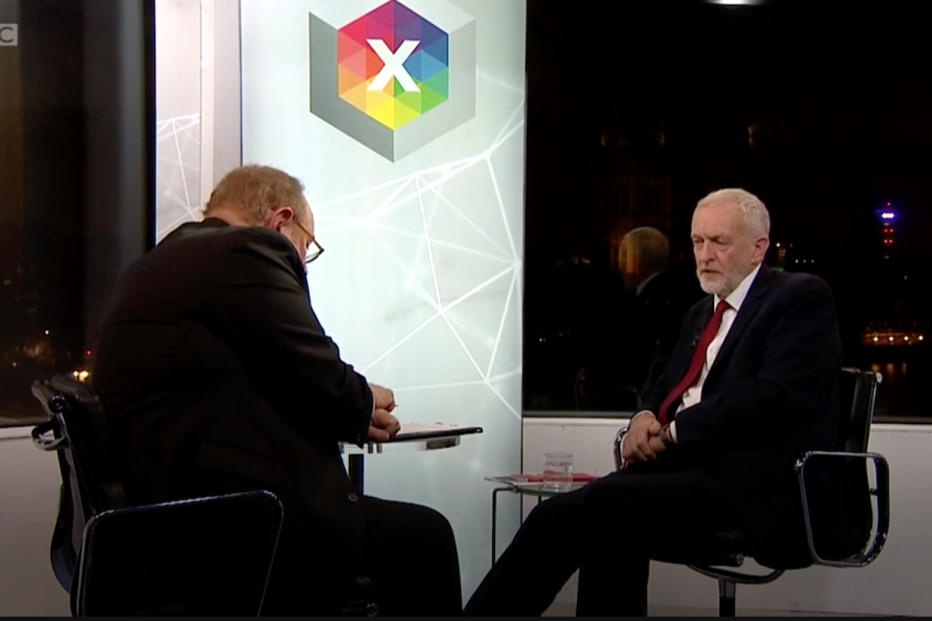 In a BBC interview with Andrew Neil, British Labour Party leader Jeremy Corbyn is pressed over his handling of anti-Semitism within his party, Nov. 26, 2019. Source: Screenshot.