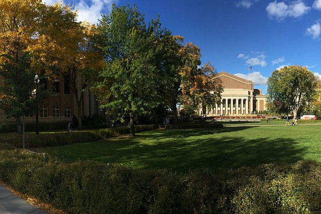 Northrop Mall at the University of Minnesota campus in Minneapolis,  with Walter Library on the left and Cyrus Northrop Auditorium on the right. Credit: Wikimedia Commons.
