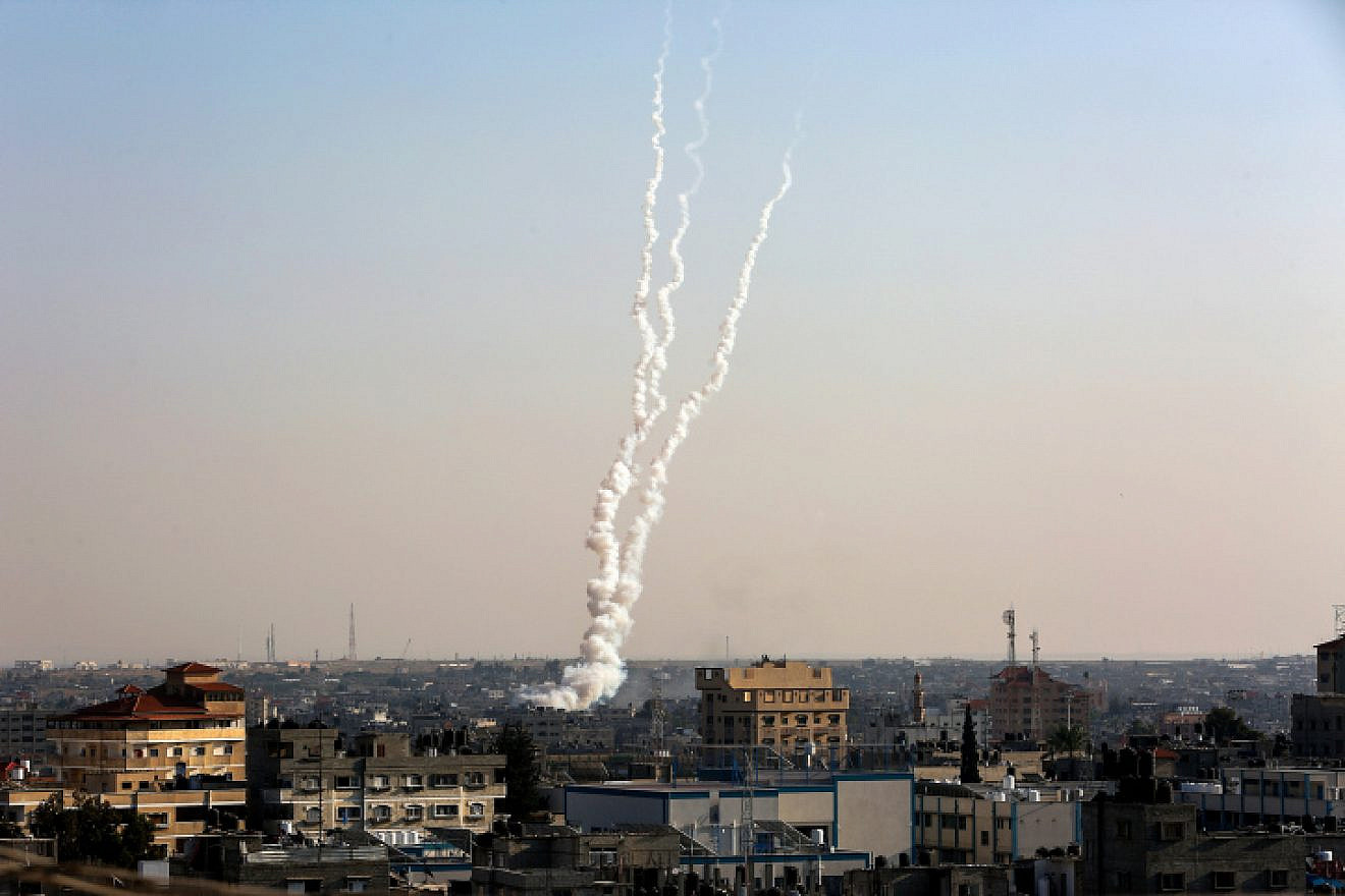 The smoke trails of rockets fired from the Gaza Strip towards Israel, on Nov. 12, 2019. Photo by Abed Rahim Khatib/Flash90.