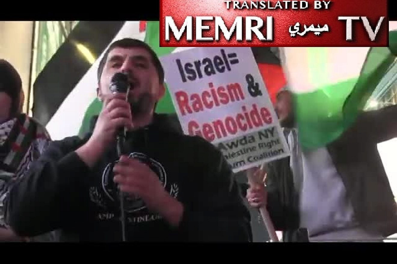 Prominent New Jersey-based BDS activist Sayel Kayyed addresses the crowd at a pro-Gaza rally in Times Square in New York on Nov. 15, 2019. (MEMRI)