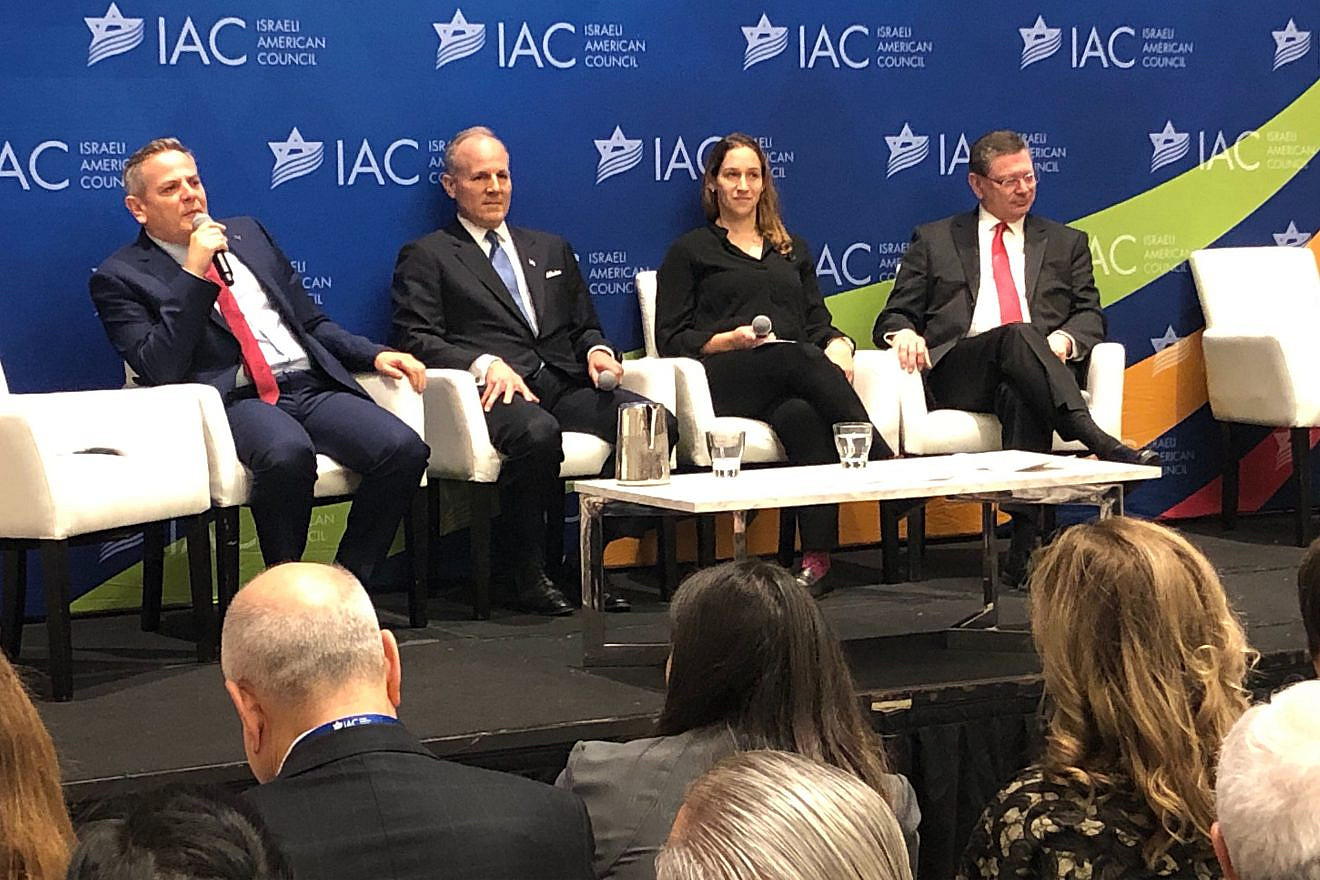 From left: Democratic Union/Meretz Party head Nitzan Horowitz; Special Envoy for Monitoring and Combating anti-Semitism Elan Carr; founding executive director of the Foundation to Combat Anti-Semitism Rachel Fish; and Genesis Prize Foundation director Steven A. Rakitt. Photo by Alex Traiman.
