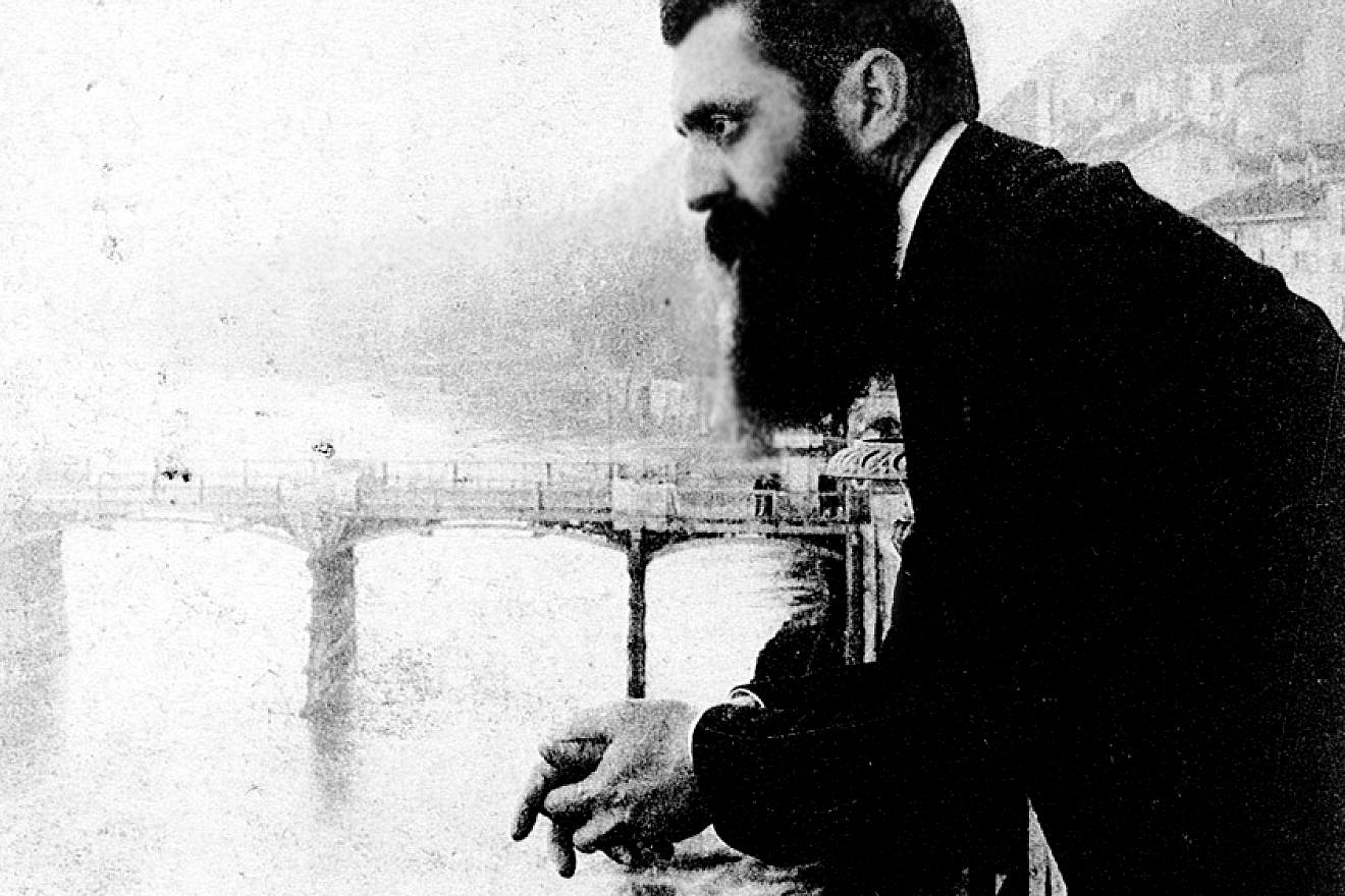 Theodor Herzl leaning over the balcony of the Hotel Les Trois Rois (Three King's Hotel/Hotel drei Könige) in Basel, Switzerland, possibly during the sixth Zionist conference there. Credit: The Bettman Archive.