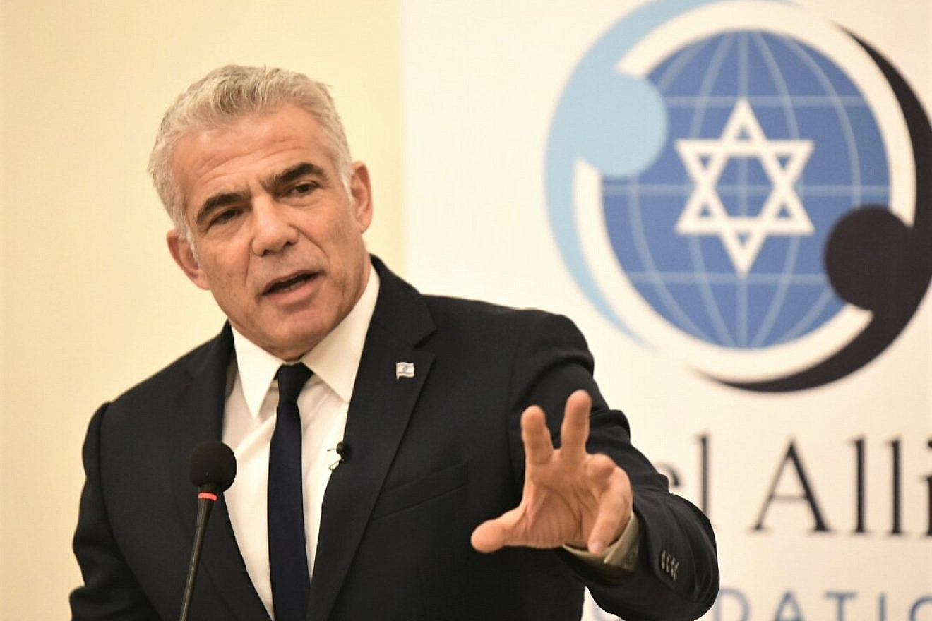 Israeli Foreign Minister Yair Lapid, then in the opposition, speaks at the Israel Allies Foundation’s annual Chairman’s Conference., Dec. 9, 2019. Photo by Avi Hayun.