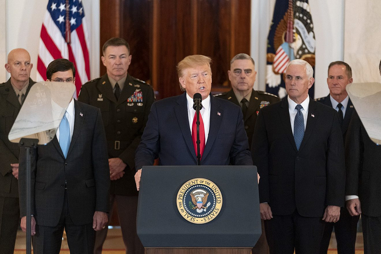 U.S. President Donald Trump, joined by Vice President Mike Pence, senior White House advisors and senior military personnel, delivers remarks during a nationally televised address from the Cross Hall of the White House responding to the retaliatory missile strikes against U.S. military and coalition forces in Iraq the day before by Iran, Jan. 8, 2020. Photo by Shealah Craighead/White House.