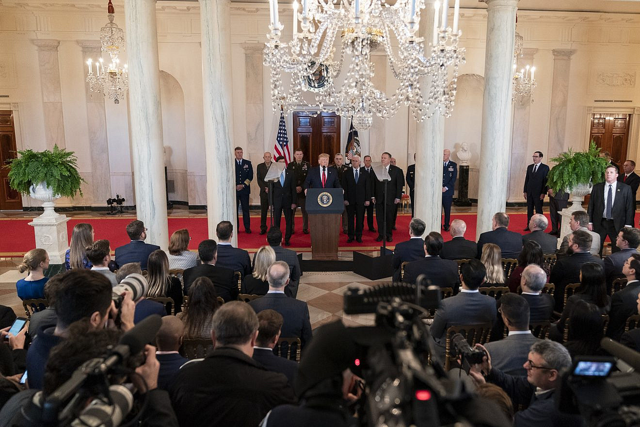 U.S. President Donald Trump, joined by Vice President Mike Pence, senior White House advisers and senior military personnel, delivers remarks during a nationally televised address responding to the retaliatory missile strikes against U.S. military and coalition forces in Iraq by Iran, Jan. 8, 2020. Photo by Shealah Craighead/White House.