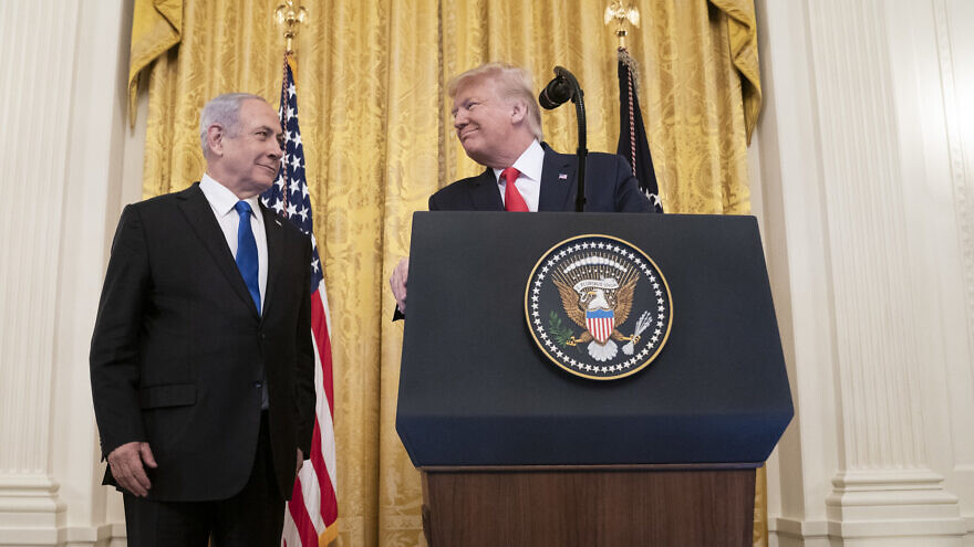U.S. President Donald Trump delivers remarks with Israeli Prime Minister Benjamin Netanyahu in the East Room of the White House to unveil details of the Trump administration’s Middle East peace plan on Jan. 28, 2020. CreditL White House Photo by Shealah Craighead.