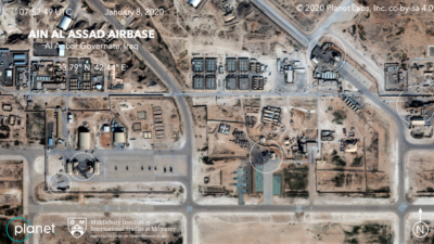 Satellite image showing damage to at least five structures at Ain al-Assad air base in Iraq in a series of precision missile strikes launched by Iran, Jan. 8, 2020. Credit: Planet Labs Inc./Middlebury Institute of International Studies at Monterey via Wikimedia Commons.