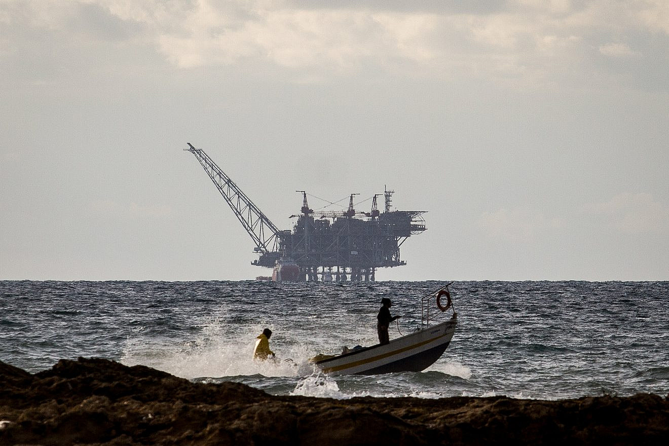 Israel's Leviathan gas processing rig as seen from the Dor Habonim Beach Nature Reserve, Jan. 1, 2020. Credit: Flash90.