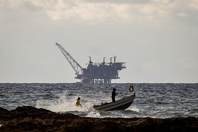 Israel's Leviathan gas processing rig as seen from the Dor Habonim Beach Nature Reserve, Jan. 1, 2020. Credit: Flash90.