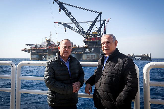 Israeli Prime Minister Benjamin Netanyahu and Israeli Minister of Energy Yuval Steinitz visit the Leviathan gas-processing rig near the Israeli city of Caesarea on Jan. 31, 2019. Photo by Marc Israel Sellem/POOL.