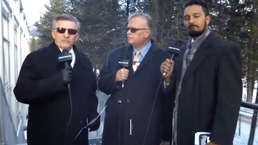 Rick Wiles (left) and TruNews broadcast from the World Economic Forum in Davos, Switzerland on Jan. 21, 2020. Source: Screenshot.