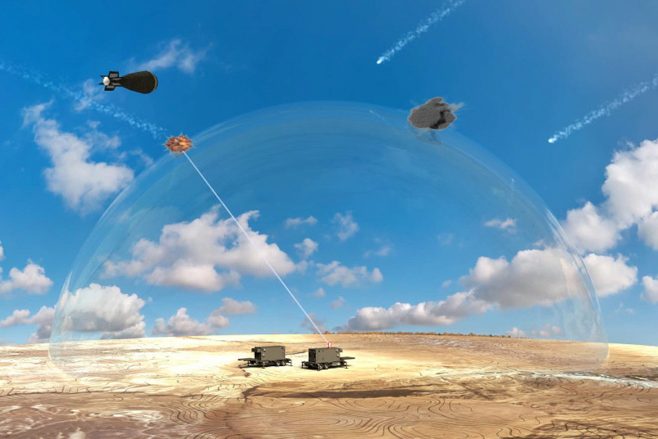 A computer-generated image showing a laser-based missile-defense system being developed by Israel, Jan. 8, 2020. Credit: Israeli Defense Ministry.