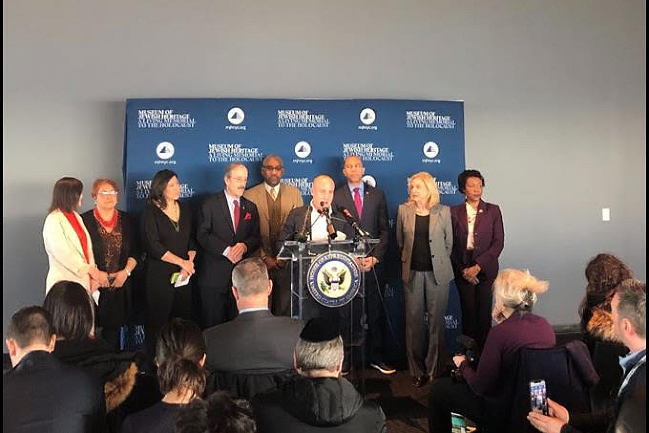 New York Democratic Reps. Max Rose, Jerrold Nadler, Yvette Clarke, Eliot Engel, Hakeem Jeffries, Carolyn Maloney, Nita Lowey, Gregory Meeks, Grace Meng, and Nydia Velázquez address a press conference at the Museum of Jewish Heritage–A Living Memorial to the Holocaust in New York follows a rising trend of both anti-Semitism and terrorist attacks on religious institutions. Credit: Office of Rep. Max Rose (D-N.Y.).