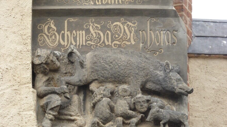 A view of the anti-Semitic German engraving known as “Judensau” on the Wittenberg Parish Church in Germany. Credit: Wikimedia Commons.