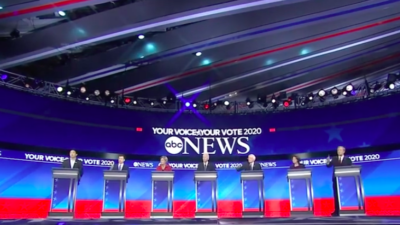 The eighth Democratic presidential primary debate at Saint Anselm College in Manchester, N.H., on Feb. 8, 2020. Source: Screenshot.