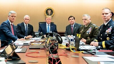 U.S. President Donald Trump is joined by Vice President Mike Pence, National Security Advisor Robert O’Brien, left; Secretary of Defense Mark Esper, Chairman of the Joint Chiefs of Staff U.S. Army General Mark A. Milley and Brig. Gen. Marcus Evans, Deputy Director for Special Operations on the Joint Staff, at right, in the Situation Room of the White House as U.S. Special Operations forces close in on ISIS leader Abu Bakr al-Baghdadi’s compound in Syria, Oct. 26, 2019. Official White House Photo by Shealah Craighead.