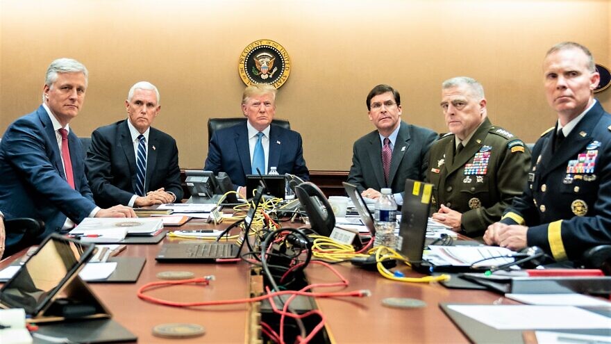U.S. President Donald Trump is joined by Vice President Mike Pence, National Security Advisor Robert O’Brien, left; Secretary of Defense Mark Esper, Chairman of the Joint Chiefs of Staff U.S. Army General Mark A. Milley and Brig. Gen. Marcus Evans, Deputy Director for Special Operations on the Joint Staff, at right, in the Situation Room of the White House as U.S. Special Operations forces close in on ISIS leader Abu Bakr al-Baghdadi’s compound in Syria, Oct. 26, 2019. Official White House Photo by Shealah Craighead.