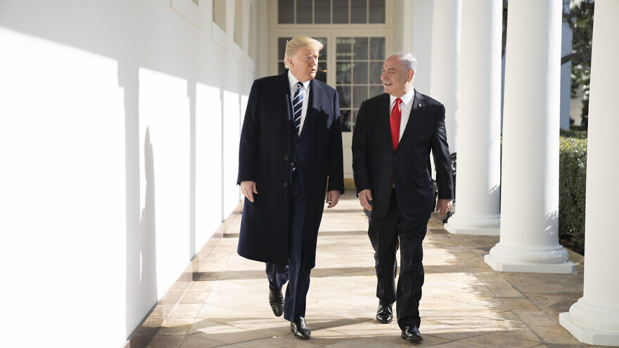 U.S. President Donald Trump walks with Israeli Prime Minister Benjamin Netanyahu on Jan. 27, 2020, along the White House colonnade. Credit: Official White House Photo by Shealah Craighead.