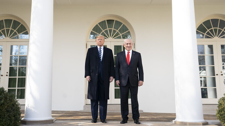 U.S. President Donald Trump and Israeli Prime Minister Benjamin Netanyahu stop to talk with reporters along the White House colonnade, prior to their meeting in the Oval Office on Jan. 27, 2020. CreditL Official White House Photo by Joyce N. Boghosian.
