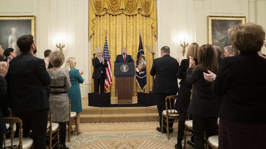U.S. President Donald Trump delivers remarks with Israeli Prime Minister Benjamin Netanyahu on the details of the Trump administration’s proposed Mideast peace plan on Jan. 28, 2020, in the East Room of the White House. Credit: Official White House Photo by Shealah Craighead.