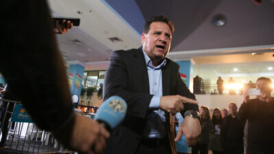 Joint Arab List head Ayman Odeh speaks to the media at party headquarters on election night in the Arab city of Shfar'am, March 2, 2020. Photo by David Cohen/Flash90.