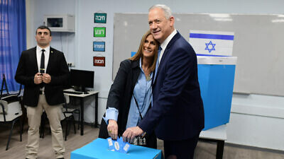 Blue and White Party leader Benny Gantz casts his ballot together with his wife, Revital, at a voting station in Rosh Ha'ayin, Israel, on March 2, 2020. Photo by Tomer Neuberg/Flash90.