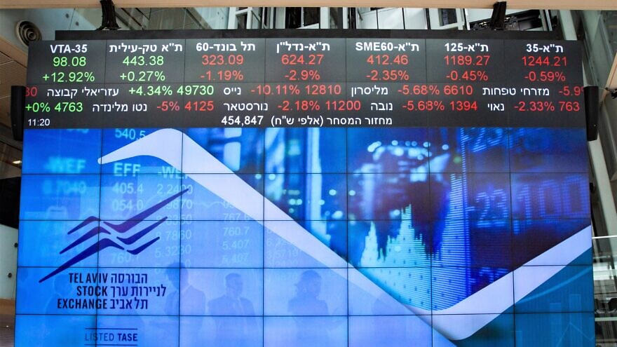 A ticker screen in the lobby of the Tel Aviv Stock Exchange, March 15, 2020. Photo by Flash90.