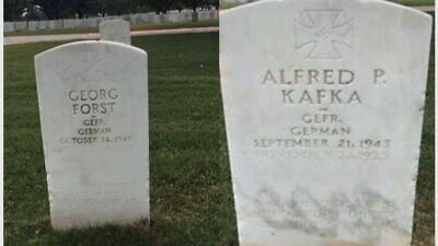 Two undated photos of POW gravestones inscribed with swastikas at the Fort Sam Houston National Cemetery in San Antonio, Texas. Credit: Military Religious Freedom Foundation.
