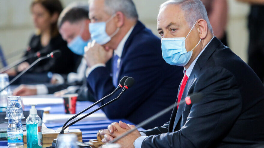 Israeli Prime Minister Benjamin Netanyahu and Defense Minister Benny Gantz at the weekly Cabinet meeting, at the Foreign Ministry in Jerusalem on June 14, 2020. Photo by Marc Israel Sellem/POOL.