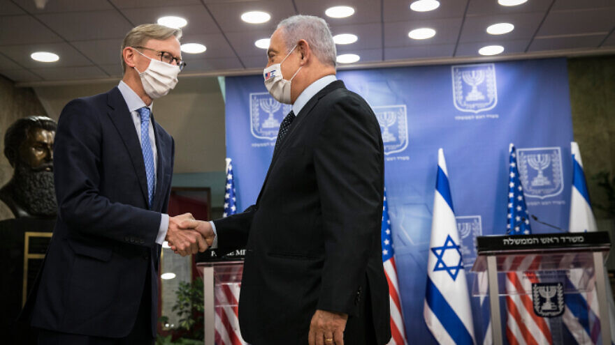 Israeli Prime Minister Benjamin Netanyahu meets with Brian Hook, U.S. Special Representative for Iran and denior sdviser to the U.S. Secretary of State, at the Prime Minister's Office in Jerusalem on June 30, 2020. Photo by Olivier Fitoussi/Flash90.