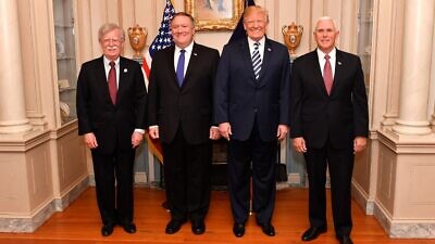 From left: U.S. National Security Advisor John Bolton, Secretary of State Mike Pompeo, U.S. President Donald Trump and Vice President Mike Pence at the U.S. Department of State in Washington, D.C., on May 2, 2018. Credit: State Department Photo, Public Domain.