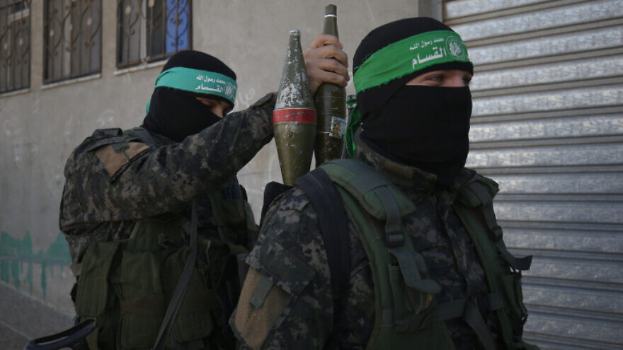 Palestinian fighters in the Izz ad-Din al-Qassam Brigades, the armed wing of the Hamas movement, during a patrol in Khan Younis in the southern Gaza Strip on Jan. 26, 2020. Photo by Abed Rahim Khatib/Flash90.