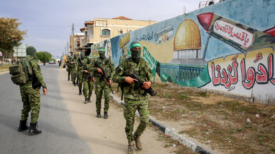 Palestinian fighters in the Izz ad-Din al-Qassam Brigades, the armed wing of Hamas, during a patrol in Rafah in the southern Gaza Strip on April 27, 2020. Photo by Abed Rahim Khatib/Flash90.