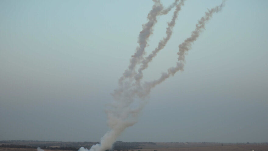 Rockets being launched from the Gaza Strip into Israel on May 4, 2019. Photo by Hassan Jedi/Flash90.